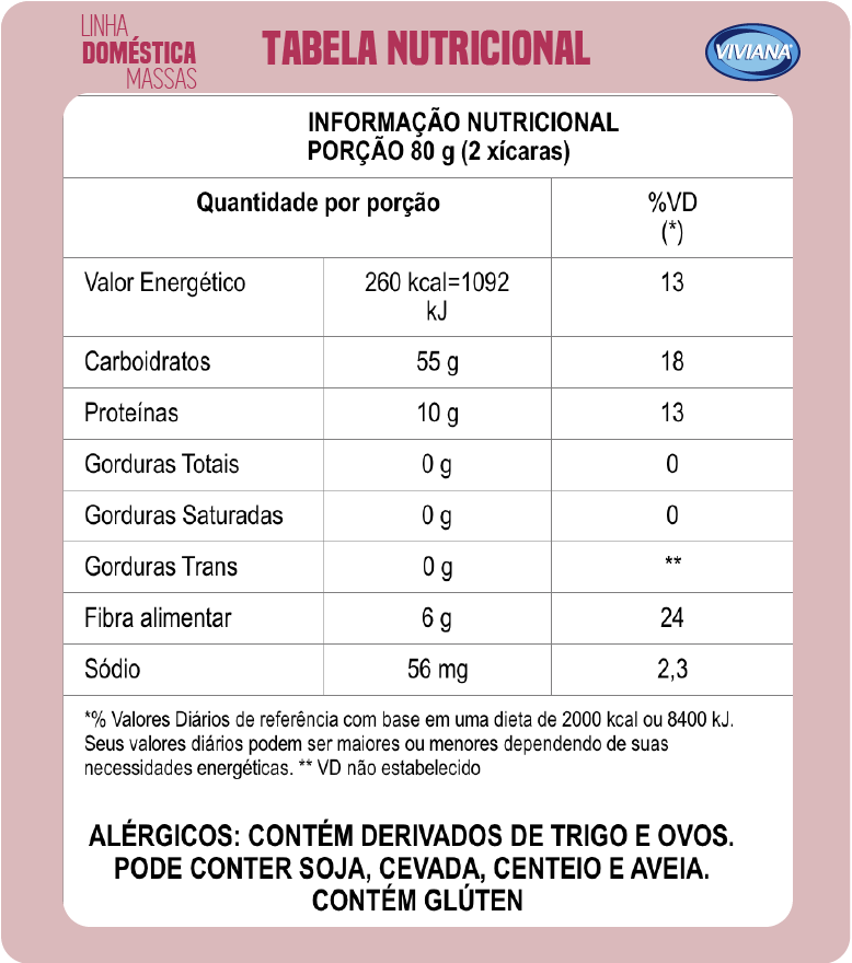 Massa Caseira com Ovos tabela nutricional Viviana Alimentos
